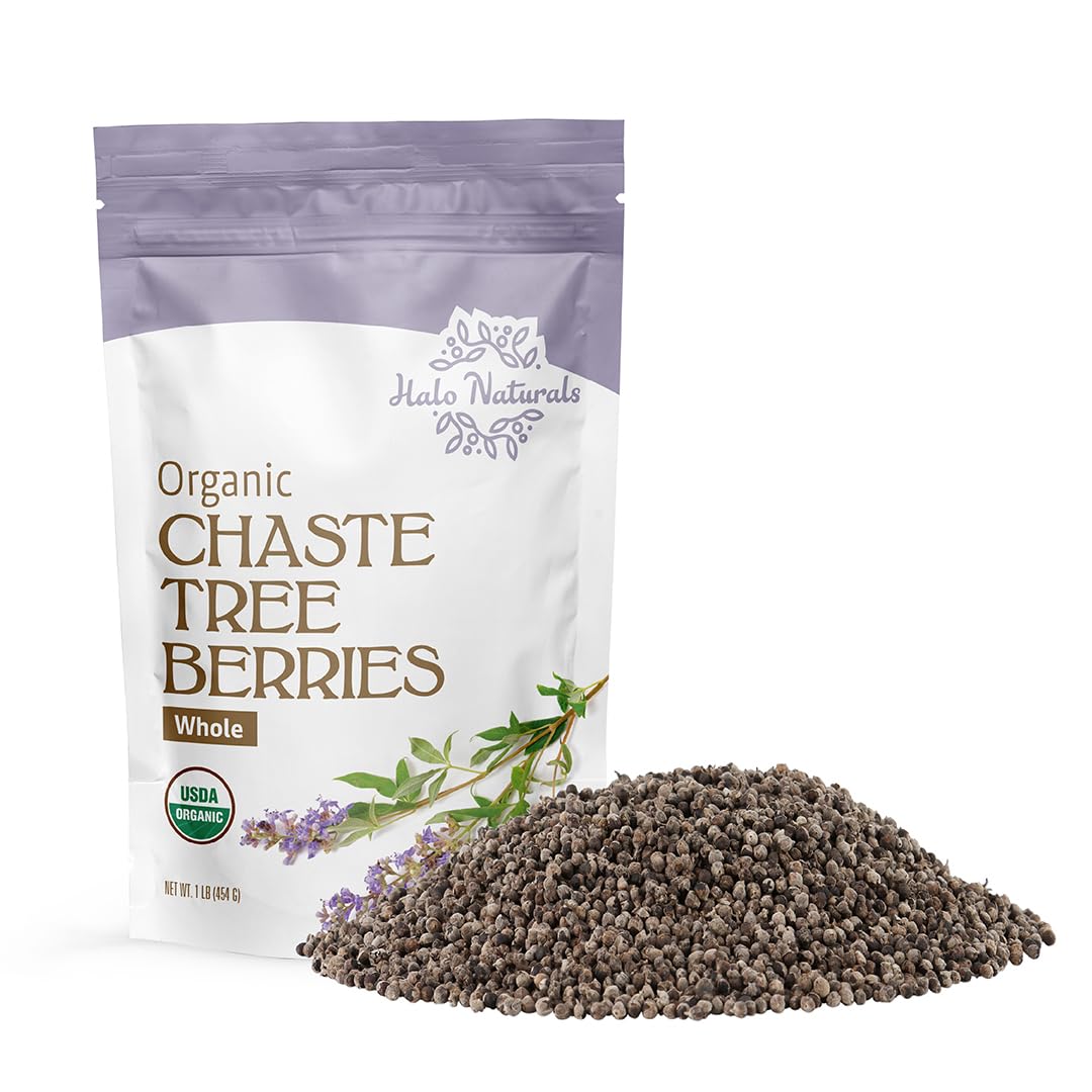 Halo Naturals Organic Chaste Tree Berries Whole Cut & Sifted, 1 Pound (Vitex agnus castus) USDA Certified | Resealable Pouch| Packaged in The USA