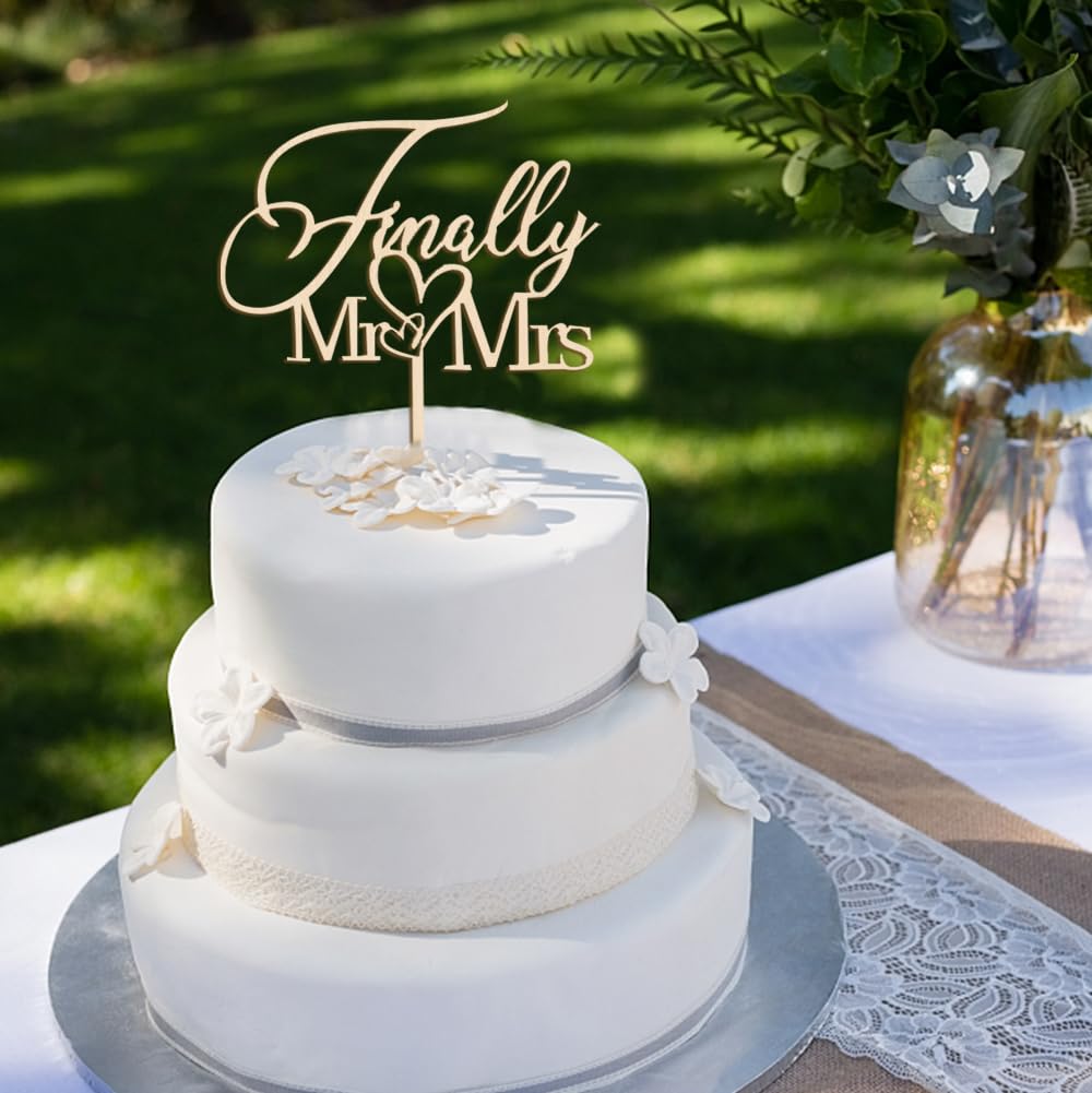 Finally Mr & Mrs Cake Topper,Wedding Anniversary Bridal Shower Party Decorations,Romantic Wedding Party Decorative Cake Toppers (Wooden)