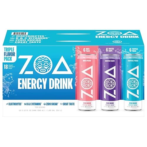 ZOA Zero Sugar Energy Drink Variety Pack, Sugar Free with Electrolytes, Healthy Vitamin C, Amino Acids, Essential B-Vitamins, and Caffeine from Green