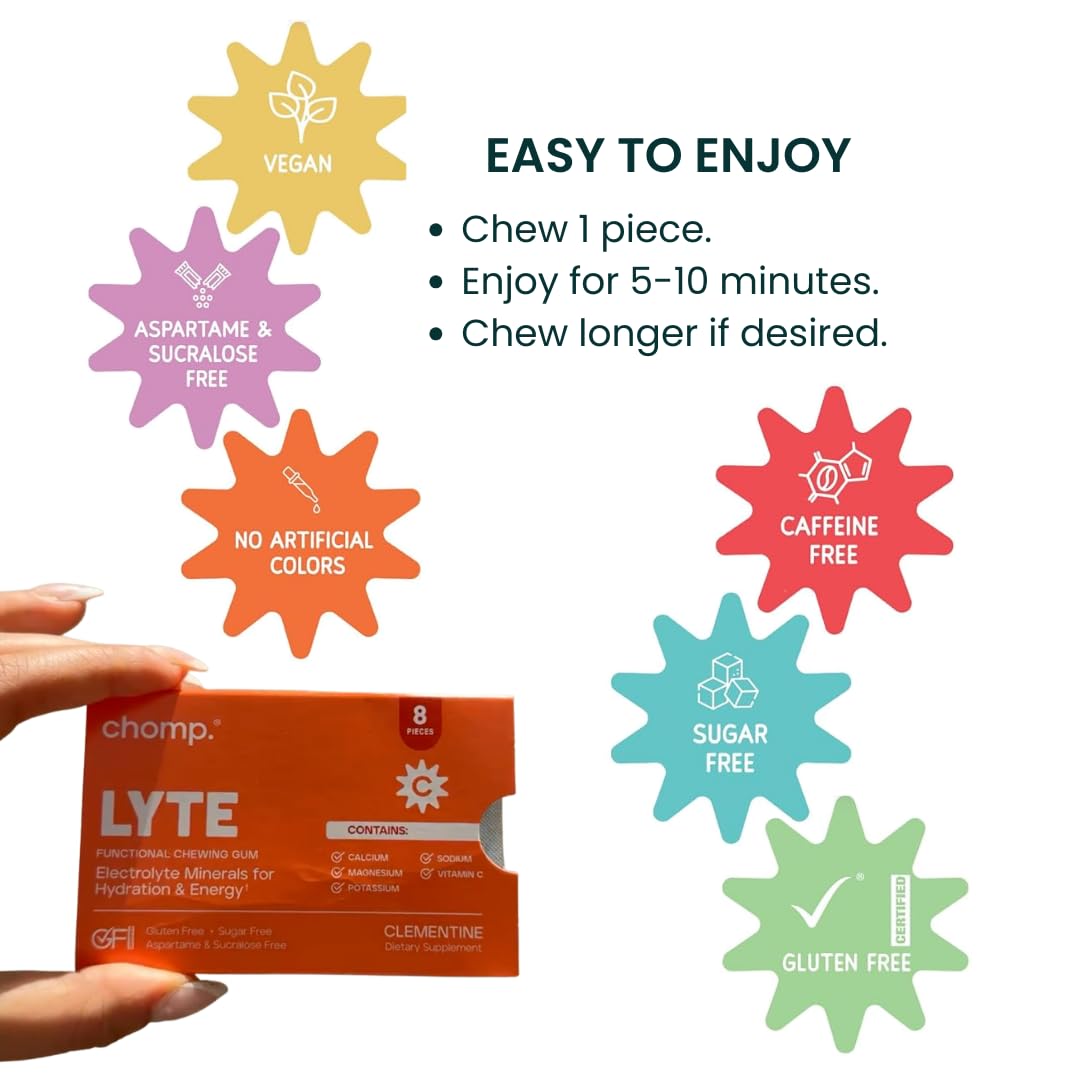 Chomp Gums LYTE Electrolyte Chewing Gum, Sugar-Free with Magnesium & Vitamin C, Aspartame & Sucralose Free, Clementine Flavor (1 Pack)