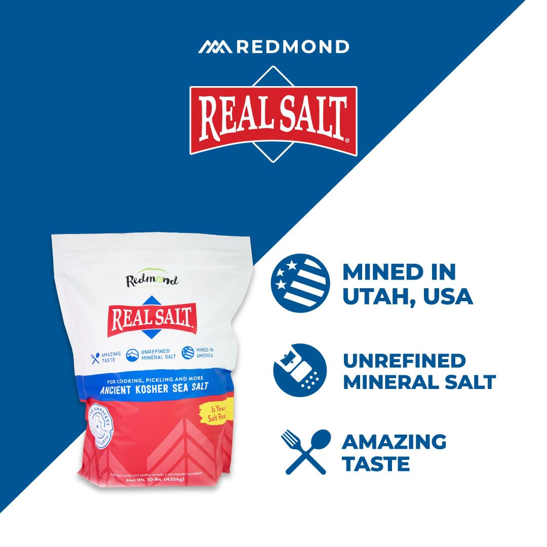 Redmond Real Salt Kosher - Natural Unrefined Gluten Free Kosher grind, 10 LB Bag