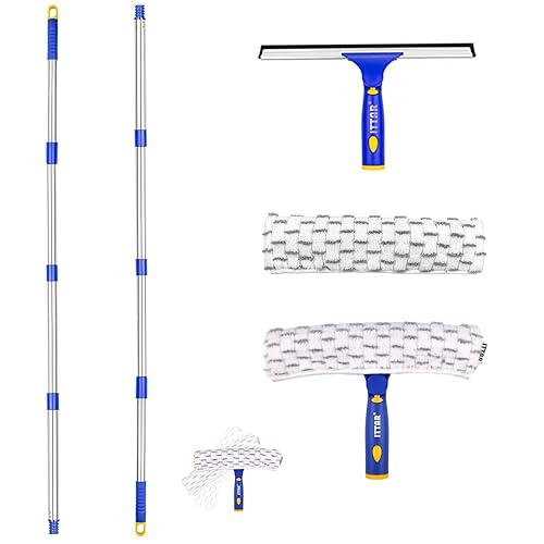 ITTAR Window Squeegee with 2 Sets Stainless Steel Pole, Squeegee Cleaning Tools with Microfiber Pads, 60"-72" Telescopic Window Washing Kit