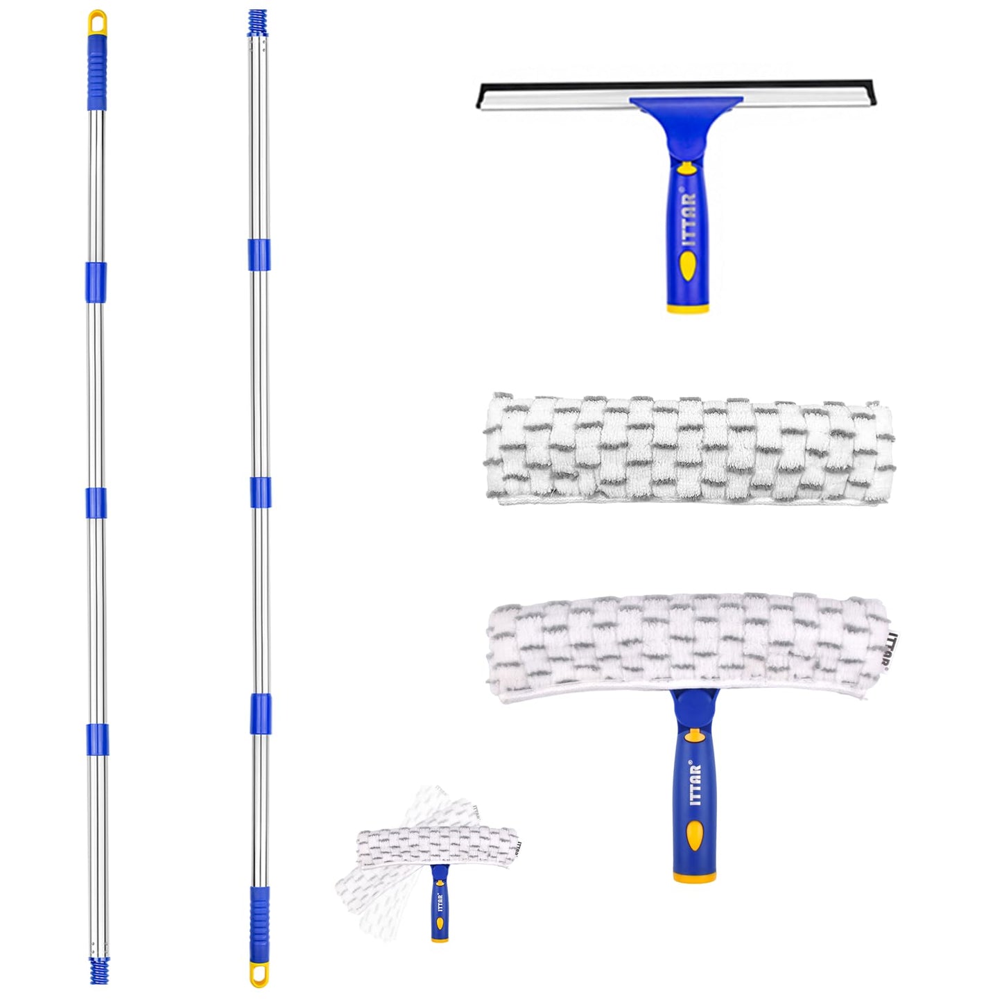 ITTAR Window Squeegee with 2 Sets Stainless Steel Pole, Squeegee Cleaning Tools with Microfiber Pads, 60"-72" Telescopic Window Washing Kit