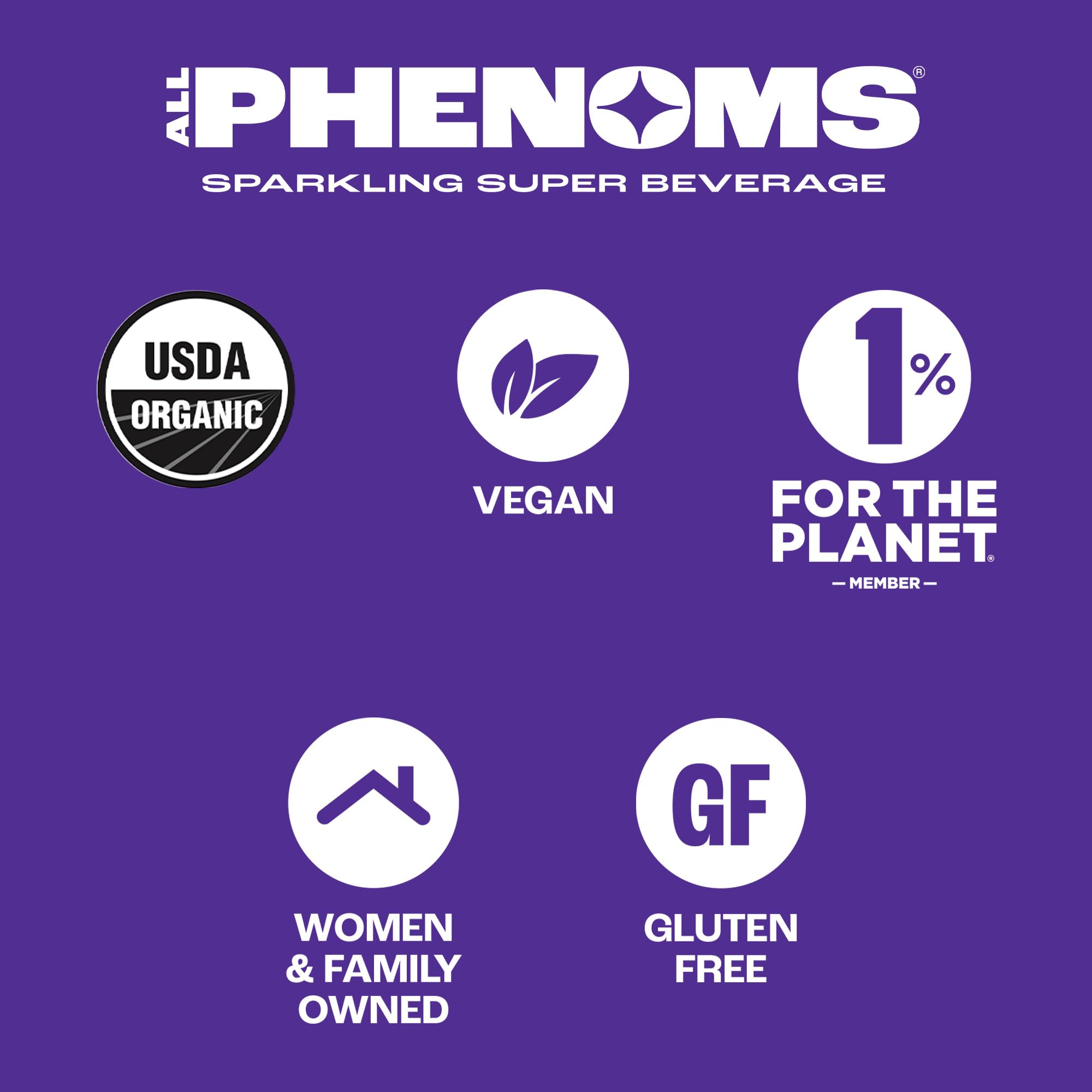 All Phenoms Sparkling Organic Prebiotic & Probiotic Drink - Adaptogen Mushroom Blend (Lions Mane & Reishi), L-Theanine, Caffeine, Fiber, B12, C, Zinc
