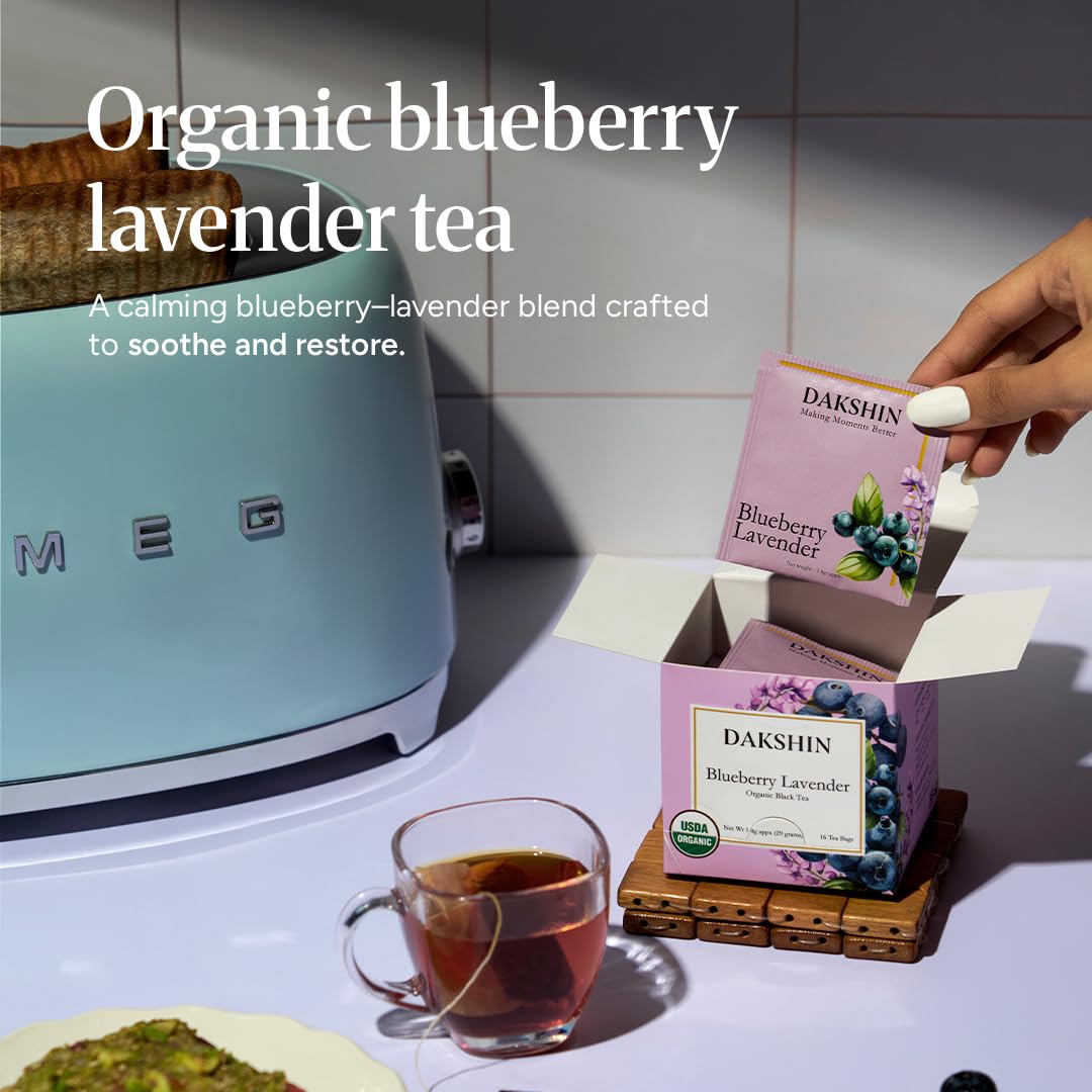 DAKSHIN Organic Blueberry Lavender Tea Bags | Black Tea with Lavender Petals, Dried Blueberry & Rosehip | Antioxidant & Focus Support Tea | USDA