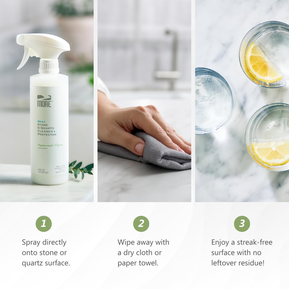 MORE Stone & Quartz Cleaner + Protector - Water-Based Surface Spray - Granite, Quartz & Marble Cleaner - For Kitchen & Bathroom Countertops & Floors