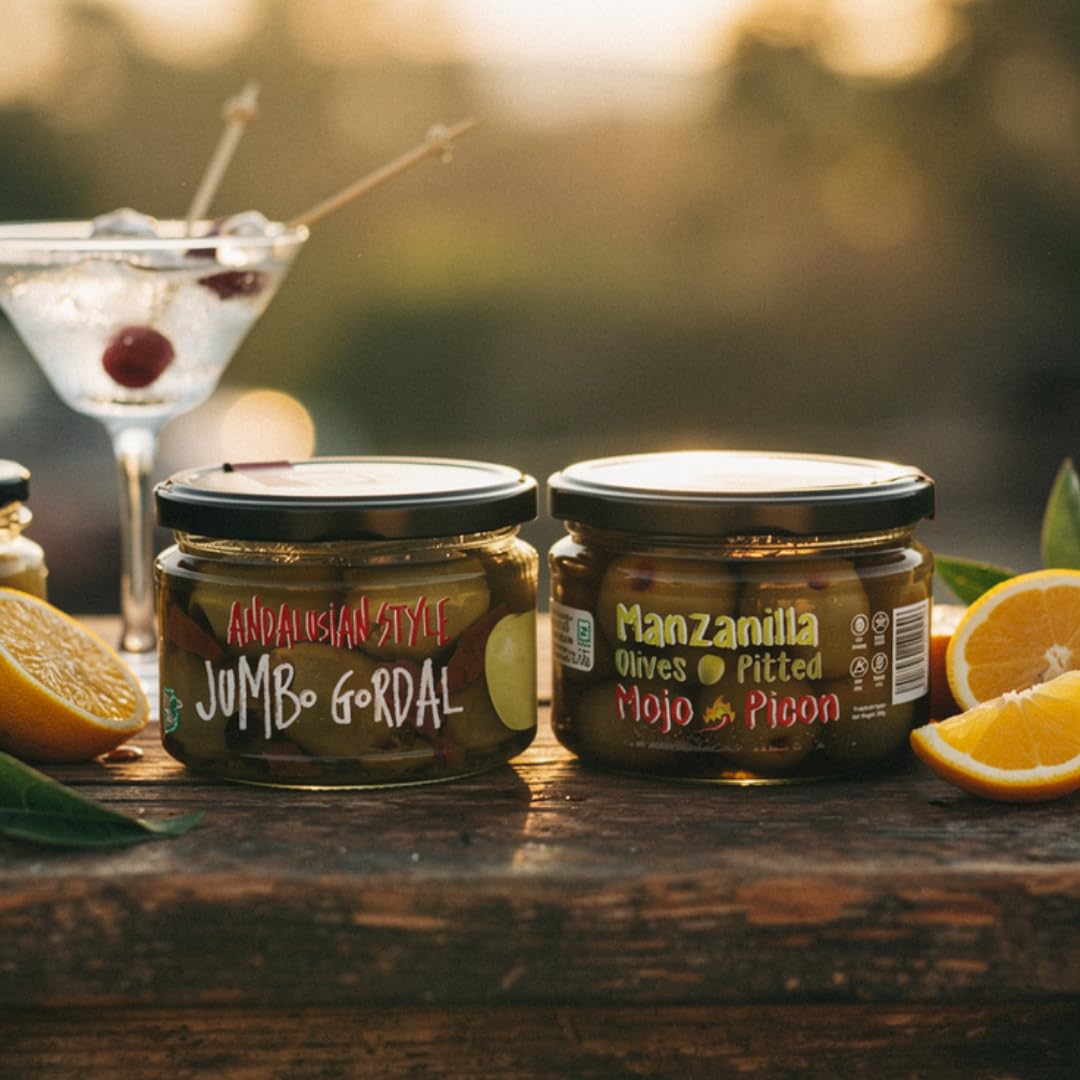 Green Olives Pitted | Spanish Olives | Andalusian Style & Spicy Mojo Picon | Olive Bar Gourmet Pairing | Perfect for Charcuterie & Cocktails | 10 oz