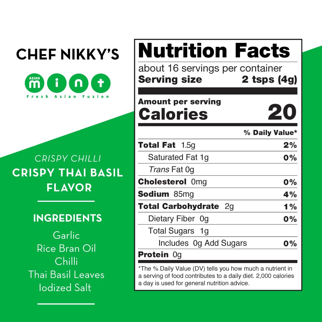 CHEF NIKKY'S THAI BASIL CRISPY CHILI - Thai Basil Flavor - a Premium Hot Sauce with a Nice Chili Crunch - No MSG - Garlic Oil with Chili Crisp, Basil
