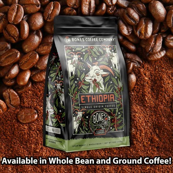 Bones Coffee Company Ethiopia Single-Origin, Citrus, Floral and Berries Notes, Whole Coffee Beans, Low Acid Medium Roast Arabica Beans Flavored