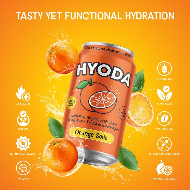 HYODA Orange Soda, Gluten Free and Vegan Sparkling Electrolyte Drink, Made with Organic Orange Juice, Celtic Salt, and Calcium, Keto, Zero Sugar