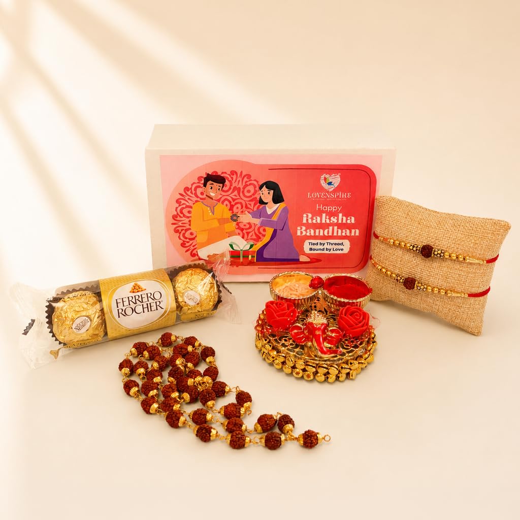 LoveNspire Raksha Bandhan Gift Hamper for Brother & Bhabhi - 2 Handmade Rakhi, Rudraksha Mala, Chocolates Pack, Greeting Card, Haldi Kumkum Holder