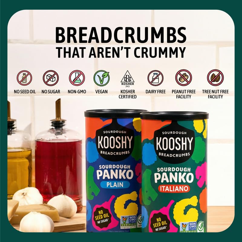 Kooshy Panko Italian Style Breadcrumbs | Vegan, Dairy Free, & Kosher Certified Non GMO Sourdough Bread Crumbs | Meatballs, Meat Cutlets, Vegetables, Meatloaf, Mac & Cheese (Italiano | 7.5 oz / 2 Pack)