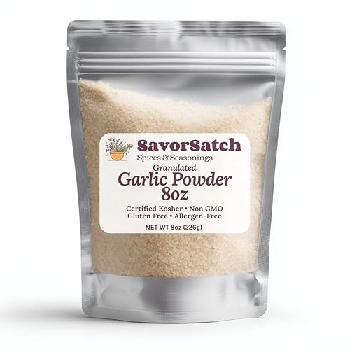 SavorSatch Granulated Garlic Powder - 8 oz Certified Kosher, Non-GMO | Resealable Stand-Up Pouch | Pure Garlic Granules for Cooking & Seasoning