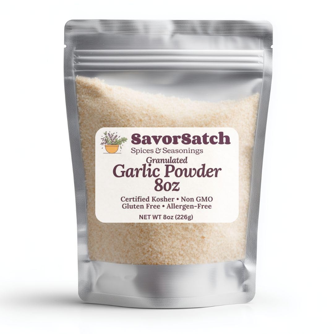 SavorSatch Granulated Garlic Powder - 8 oz Certified Kosher, Non-GMO | Resealable Stand-Up Pouch | Pure Garlic Granules for Cooking & Seasoning