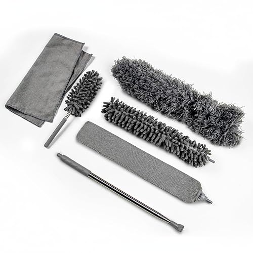OVENTE Microfiber Duster Cleaning Set with Stainless Steel Extension Pole Up to 96", Washable, Reusable and Bendable Dusters for High Ceiling Fans