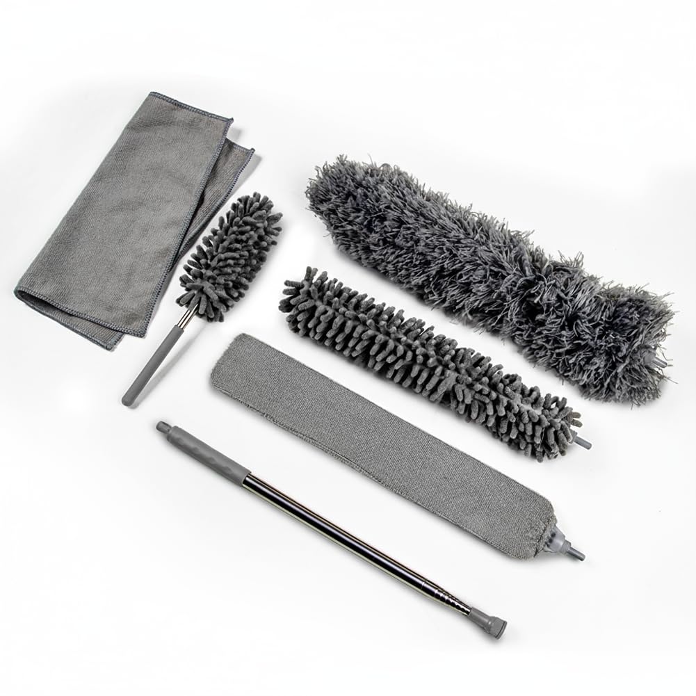 OVENTE Microfiber Duster Cleaning Set with Stainless Steel Extension Pole Up to 96", Washable, Reusable and Bendable Dusters for High Ceiling Fans