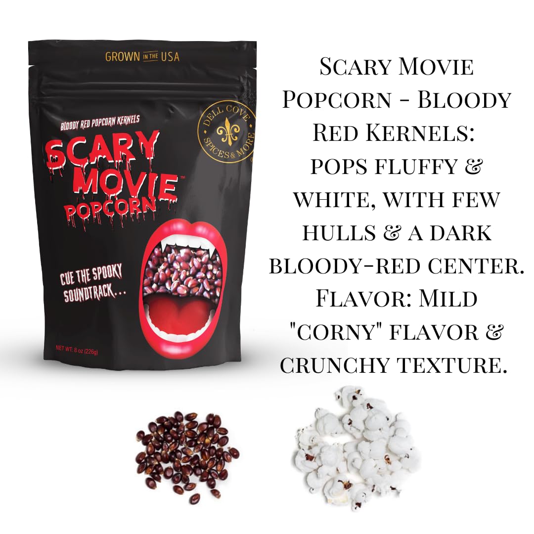 Dell Cove Spices | Scary Movie Bloody Red Popcorn Kernels | Trick-Or-Treat Party Snacks | Festive Holiday Snack Boo Box, Half Pound