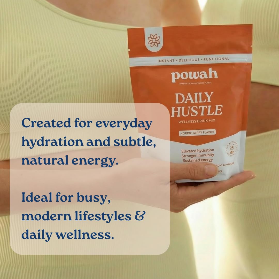Powah Daily Hustle Wellness Drink - Electrolytes, Adaptogens & Immunity Support. 30 Sugar-Free Servings. Clean Superfoods. Nordic Berry Flavor.