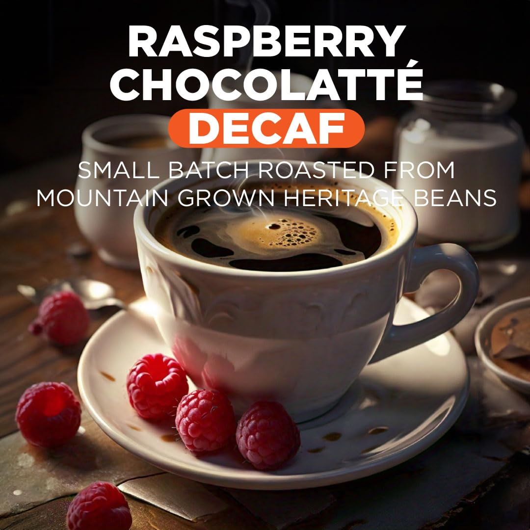 Maud's Decaf Raspberry Chocolate Flavored Coffee Pods, 18 ct, Decaffeinated Medium Roast Flavored Coffee in Single Serve Pods - 100% Arabica Beans