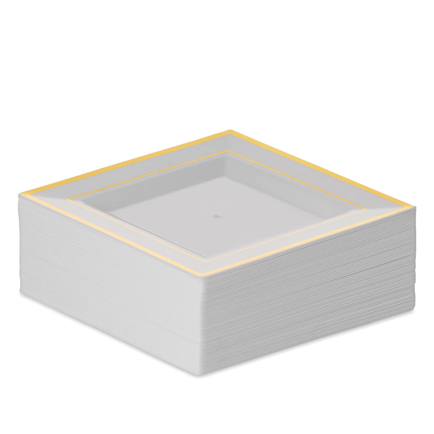 BloominGoods Plastic Disposable Square Dessert Plates | 50-Pack 6.5 inches White with Gold Rim Square Plates | Ideal for Weddings, Parties, Catering |