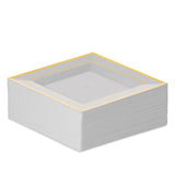 BloominGoods Plastic Disposable Square Dessert Plates | 50-Pack 6.5 inches White with Gold Rim Square Plates | Ideal for Weddings, Parties, Catering |