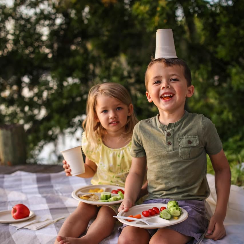 Eco-friendly Camping Supplies [16 Dinnerware Set] for Picnic Basket & Party Supplies. Compostable Paper Plates, Napkins, Biodegradable Utensils, Cups
