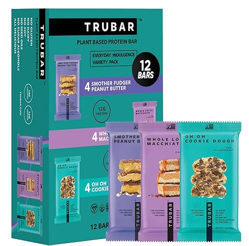 TRUBAR Vegan Protein Bar Variety Pack, Assorted Flavors, Peanut Butter, Macchiato, Cookie Dough, Gluten Free, Vegan Protein Snacks, 12G Plant-Based