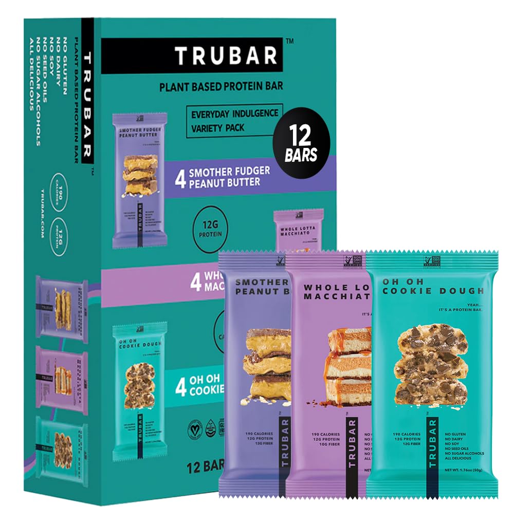 TRUBAR Vegan Protein Bar Variety Pack, Assorted Flavors, Peanut Butter, Macchiato, Cookie Dough, Gluten Free, Vegan Protein Snacks, 12G Plant-Based