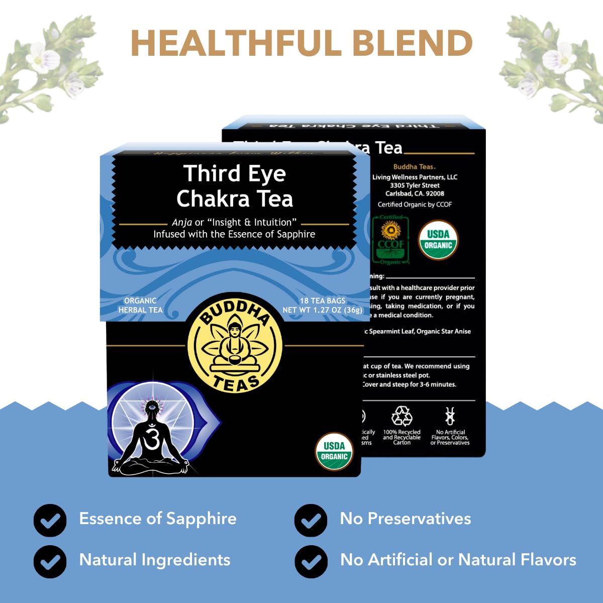 Buddha Teas - Third Eye Chakra Tea - Organic Herbal Tea - For Insight & Intuition - With Eyebright, Spearmint, Star Anise & Sapphire Essence - 100%