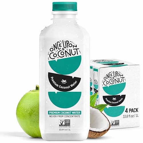 Once Upon a Coconut Premium Coconut Water 1L - Low Calorie All-Natural Drink with Electrolytes - Non-GMO - Gluten-Free - 33.8 Fl Oz (Pack of 4)