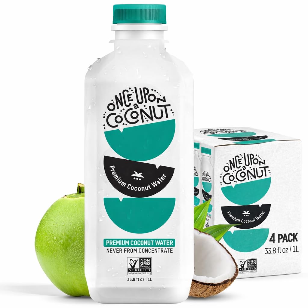 Once Upon a Coconut Premium Coconut Water 1L - Low Calorie All-Natural Drink with Electrolytes - Non-GMO - Gluten-Free - 33.8 Fl Oz (Pack of 4)