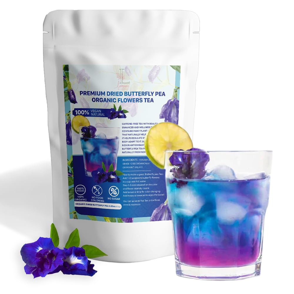 BIG VALUE PACK Blue Tea - Lamoone Premium Organic Dried Butterfly Pea, Purple Tea, Violet Tea, Non - GMO, 100g. (3.52 OZ) Rich Antioxidants. Natural