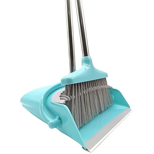 Xifando Extendable Long Handle Broom and Dustpan Set, Stainless Lightweight Upright Standing Broom and Dustpan Combo for Kitchen Lobby Office Living