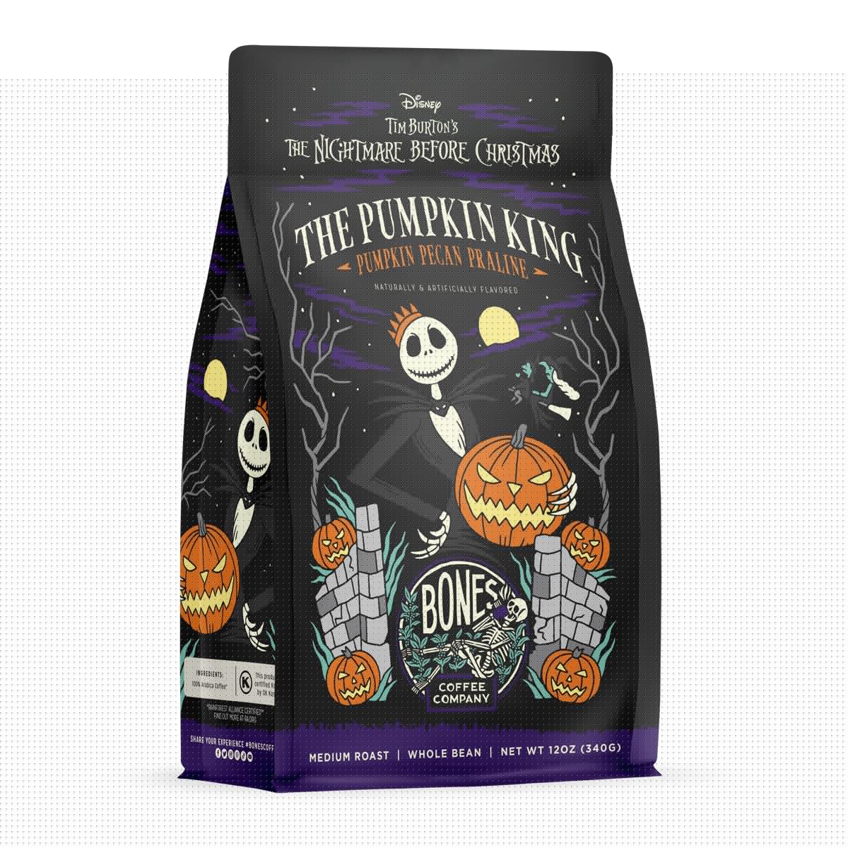 Bones Coffee Company The Nightmare Before Christmas Pumpkin King Flavored Coffee Beans, Whole Bean Coffee Medium Roast Low Acid, Pumpkin Pecan Praline