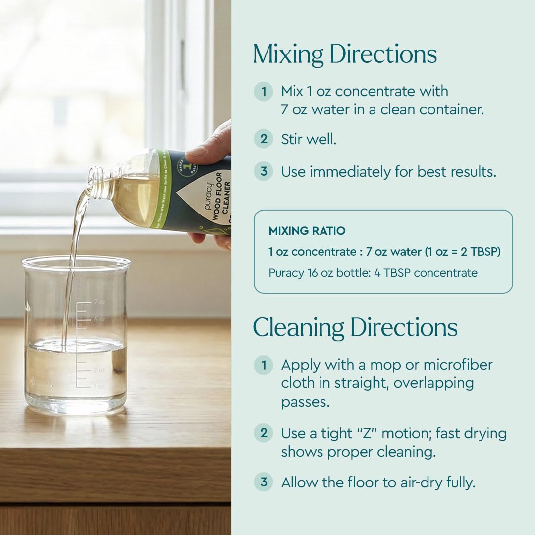 Puracy Wood Floor Cleaner Concentrate - pH Neutral Plant-Powered Hardwood All Purpose Cleaner - Residue-Free Non-Sticky Cleaning Solution As Seen on