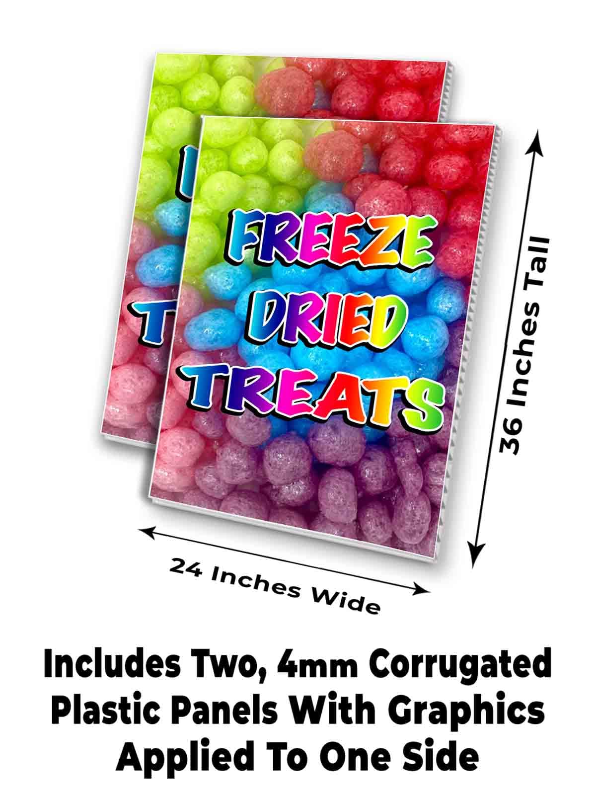 Freeze Dried Treats (24" X 36") 4mm Corrugated Plastic Panel, Graphics Applied to 1 Side (Pk of 2) | Fair Food, Desserts, Sweets, Snacks
