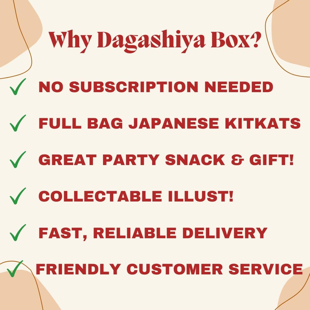 DagashiyaBox Japanese Treats Snacks Assortment Box with 50~60 Bars pcs of Seasonal KitKat with Random 6 bags with no duplicate Sweet Dagashi Box