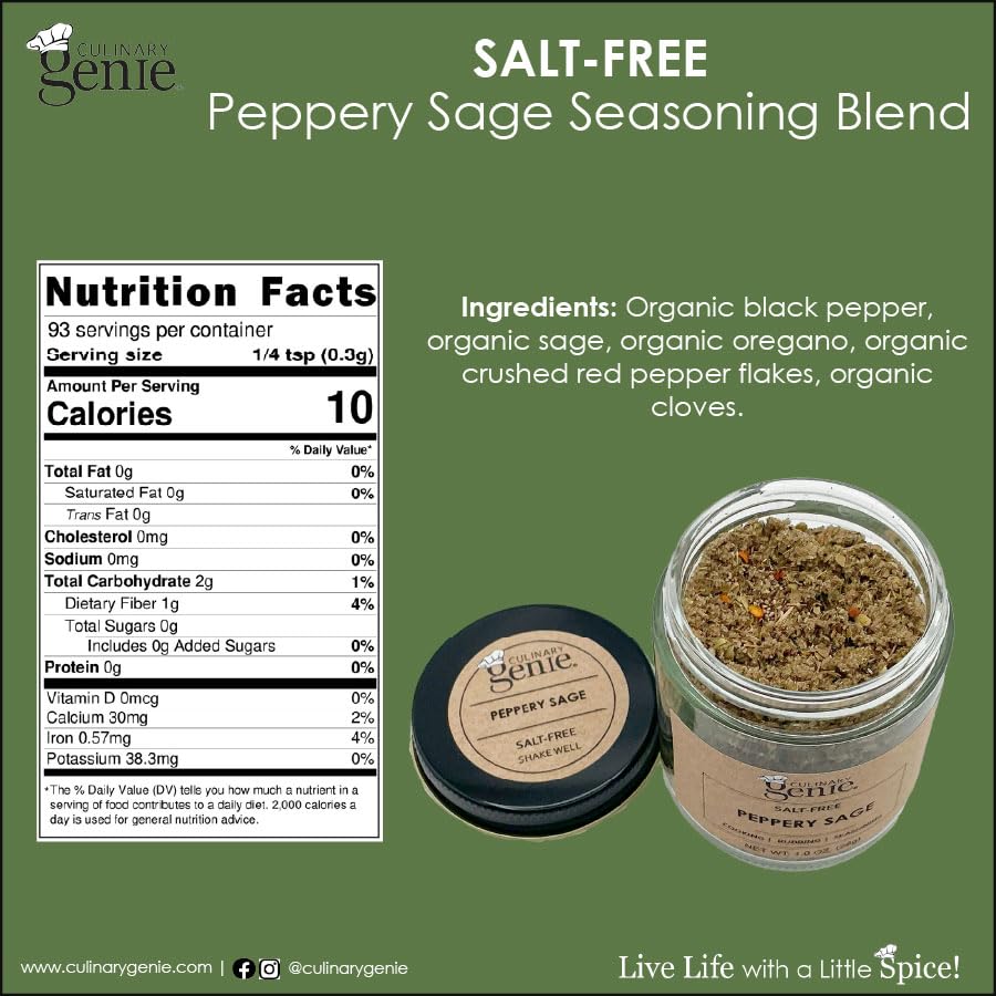 Culinary Genie Salt-Free Peppery Sage Seasoning Blend - Savory Sausage & Poultry Style Spice Blend, No Salt Added