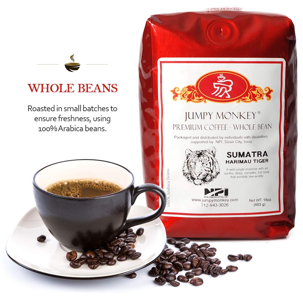 Jumpy Monkey® Coffee Sumatra Harimau Tiger Blend - Medium Roast, 100% Arabica, Whole Bean Coffee, For Cold Brew, French Press, Espresso Machine, 16
