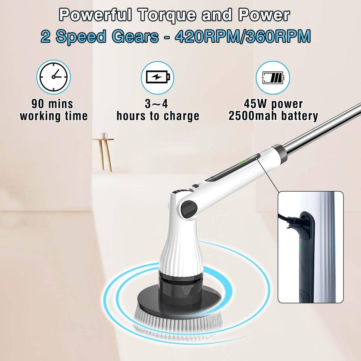 Electric Spin Scrubber, 8 in 1 Electric Cleaning Brush, Cordless Rechargeable Scrub Brush with 8 Replaceable Brush Heads, Adjustable Length and Angle