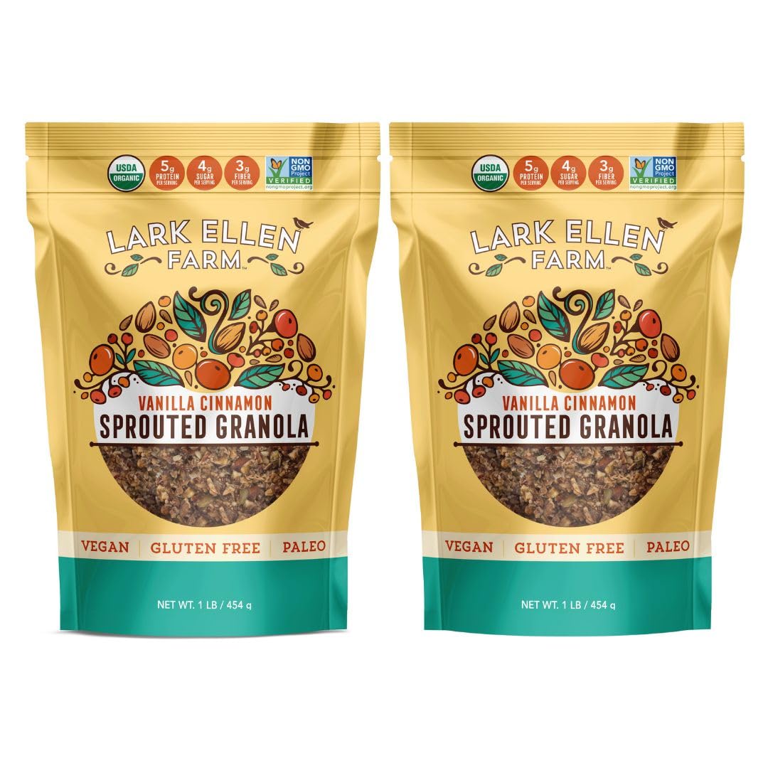 Lark Ellen Farm Grain Free Granola, Sprouted Nuts and Seeds, USDA Organic, Raw, Low Sugar, Vegan, Paleo, Gluten Free, Crunchy Clusters, 1 lb (Pack