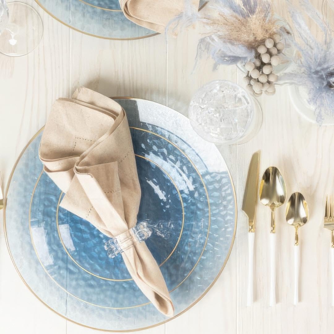 Organic Hammered Dusty Blue Plates Disposable, (32 Ct) 7" & 10" Blue Clear Plastic Plates Combo, Perfect Blue Disposable Plates for Fancy Plastic