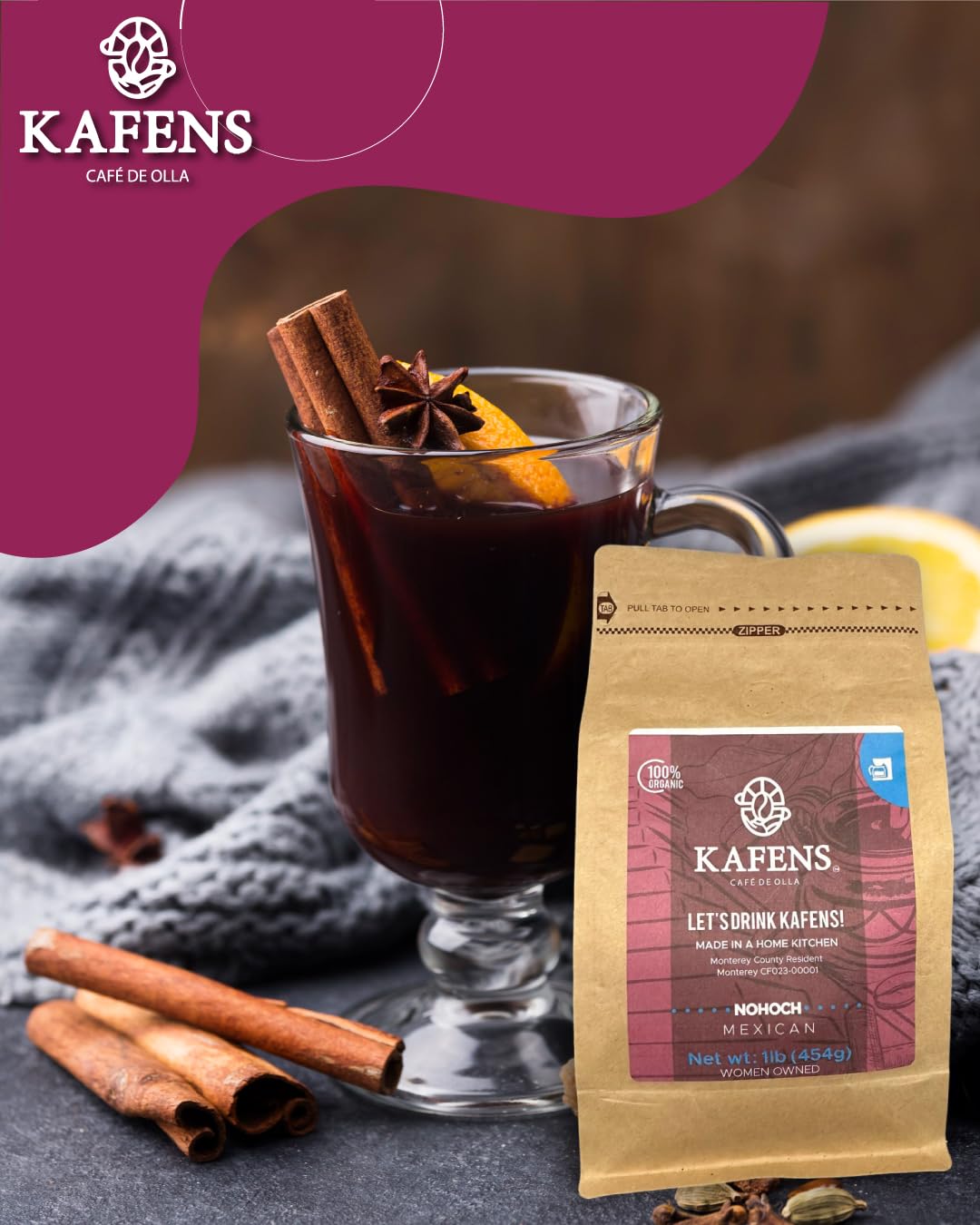 NOHOCH: Cafe De Olla, 100% Organic ingredients, Mexican Medium Roast Ground Coffee, Piloncillo (unprocessed cane sugar) and Ceylon cinnamon, in a 1lb