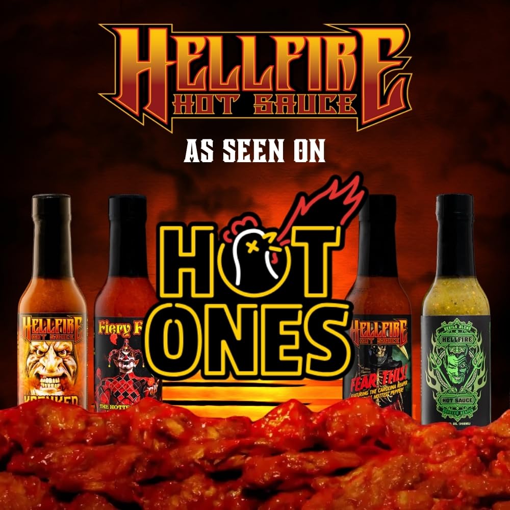 Hellfire Hot Sauce Hot Ones Gift Pack - Gourmet Hot Sauce Variety Pack With 4 Extreme Flavors Featured on Hot Ones TV Show (Four 5 oz. Bottles)