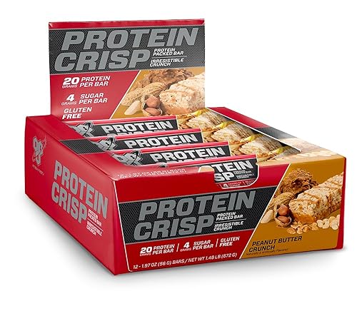 BSN Protein Crisp Bar, Peanut Butter Crunch, 20 Gram Protein Snack Bars with Whey and Fiber, Gluten-Free Crunchy Energy Bars for Workout, Fitness