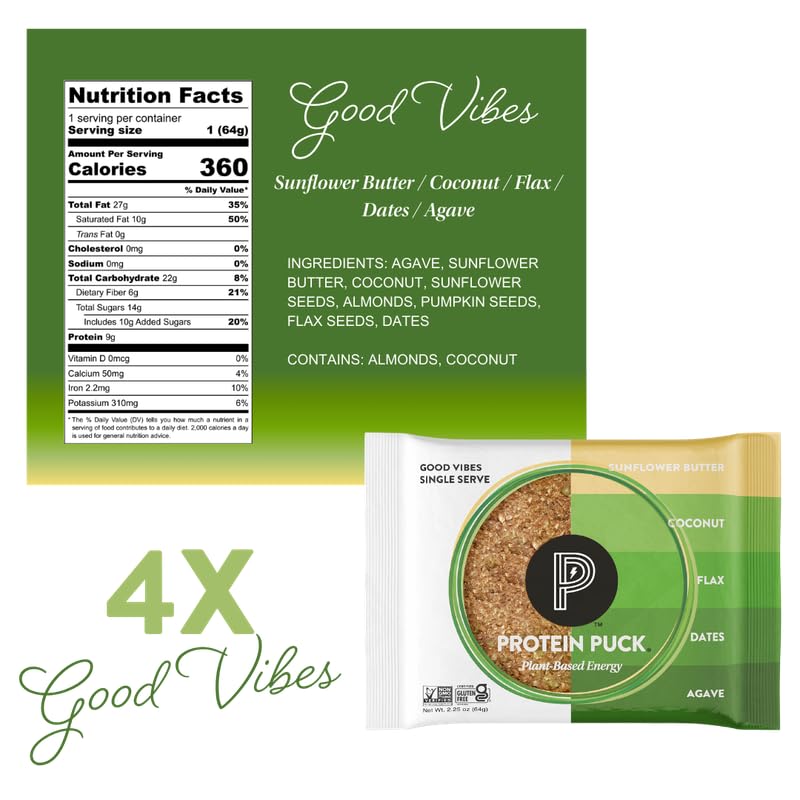 Protein Puck Plant Based Bars | Snacks with Vegan Protein | 16 Count | 2.25 oz Single Serve | Gluten Free, Non Dairy, Kosher Certified Non GMO Premium
