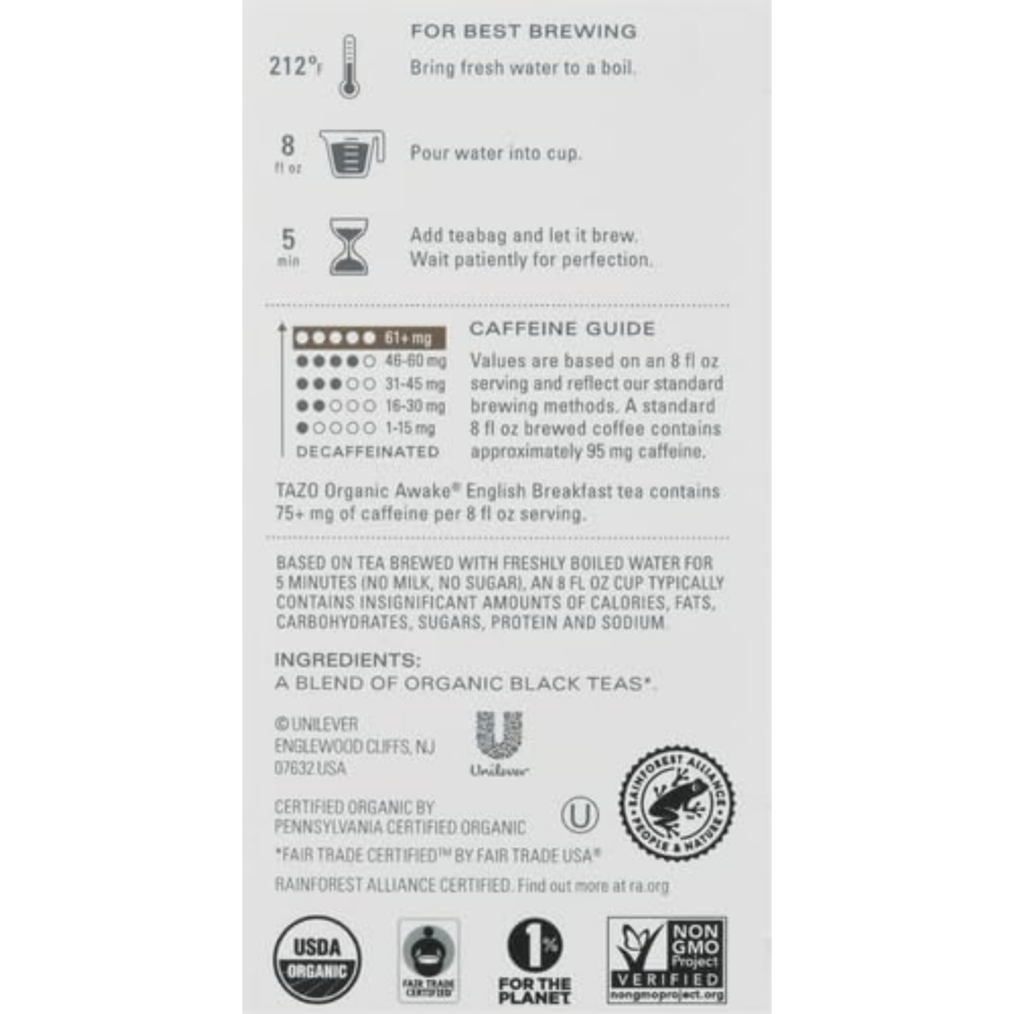 TAZO Organic Awake English Breakfast Black Tea, Black tea with Caffeine, 16 Total Bags