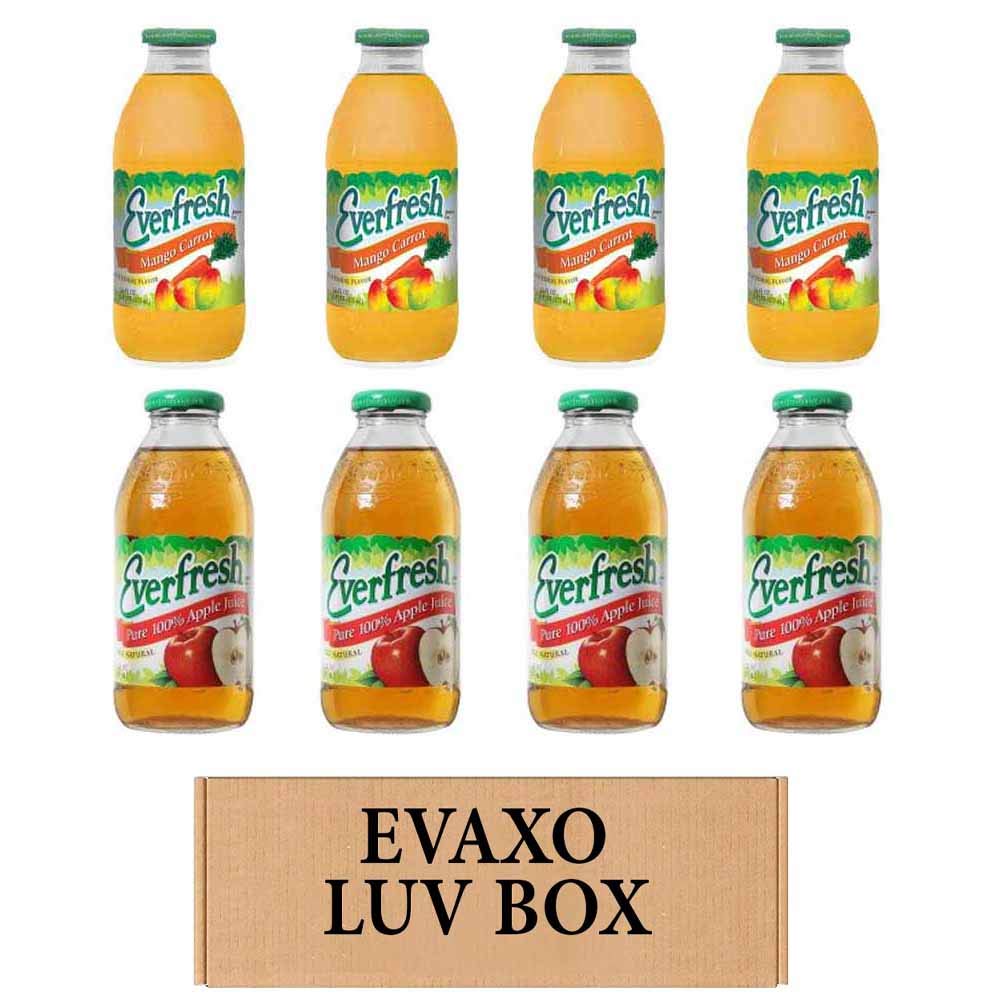 LUV BOX- variety Everfresh Juice 16 oz. pack of 8, Everfresh Mango Carrot, Everfresh 100% Apple Juice. by evaxo