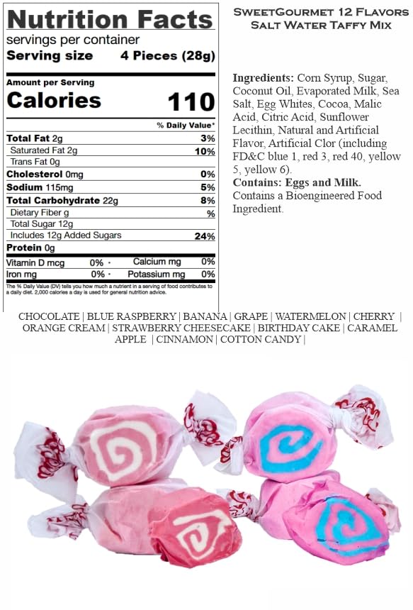 SweetGourmet Assorted Salt Water Taffy | Whipped Bulk Wrapped Candy | 2 pounds