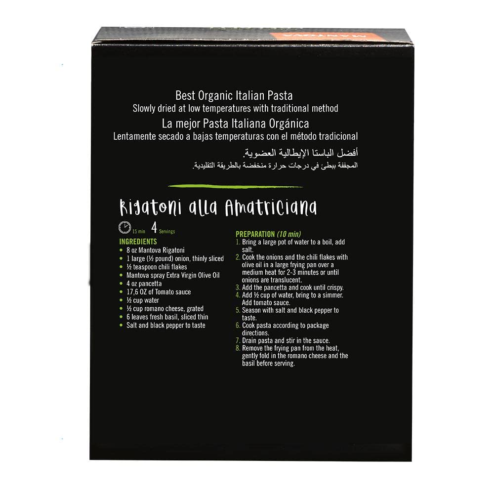 Mantova Italian Organic Rigatoni Pasta - 100% Durum Semolina Organic Rigatoni - 1 Pound (Pack of 6) - Product Of Italy